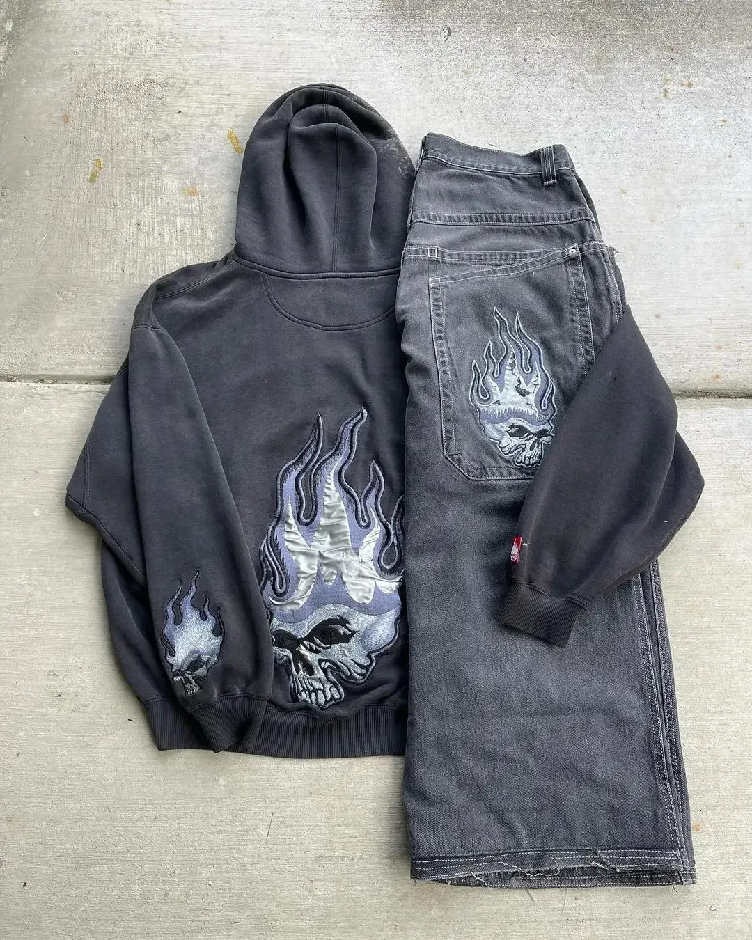 JNCO Suit Y2K Street Hip Hop Skull Jeans bordados com capuz grande com capuz de duas peças calças de moletom Sportshirt 240409