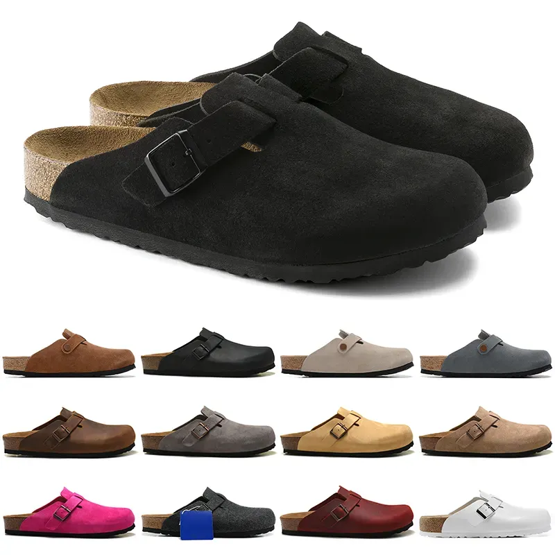 Män kvinnor designer glider clog sandaler mjuk mocka läder taupe mocha svart vit rosa mens modescuffs utomhus tofflor skor