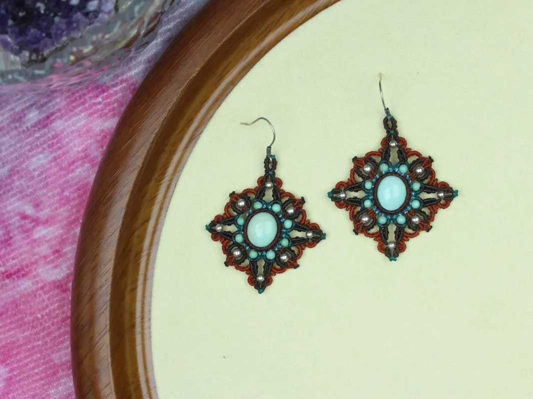 Dangle Earrings Handmade Wax Thread Woven Turquoise Oval Shaped Small Stone Drop Women's Hoop