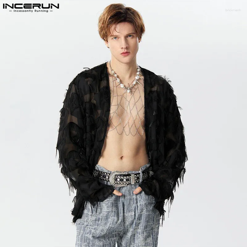 Mäns casual skjortor incerun män skjorta tassel mesh transparent öppen söm långärmad kläder streetwear 2024 modeparty cardigan