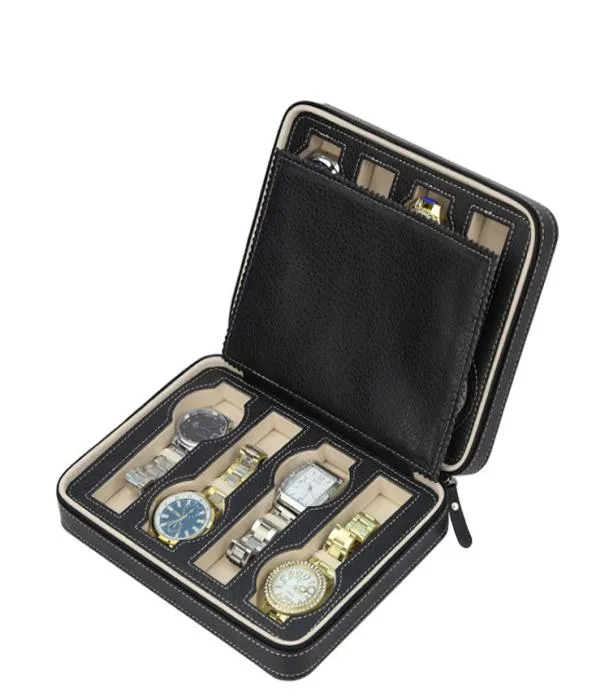 Luxury Black Zippered Sport Storage leather Watch box for 8 watches Portable Travel Watch packing box storage box zipper bag5261288