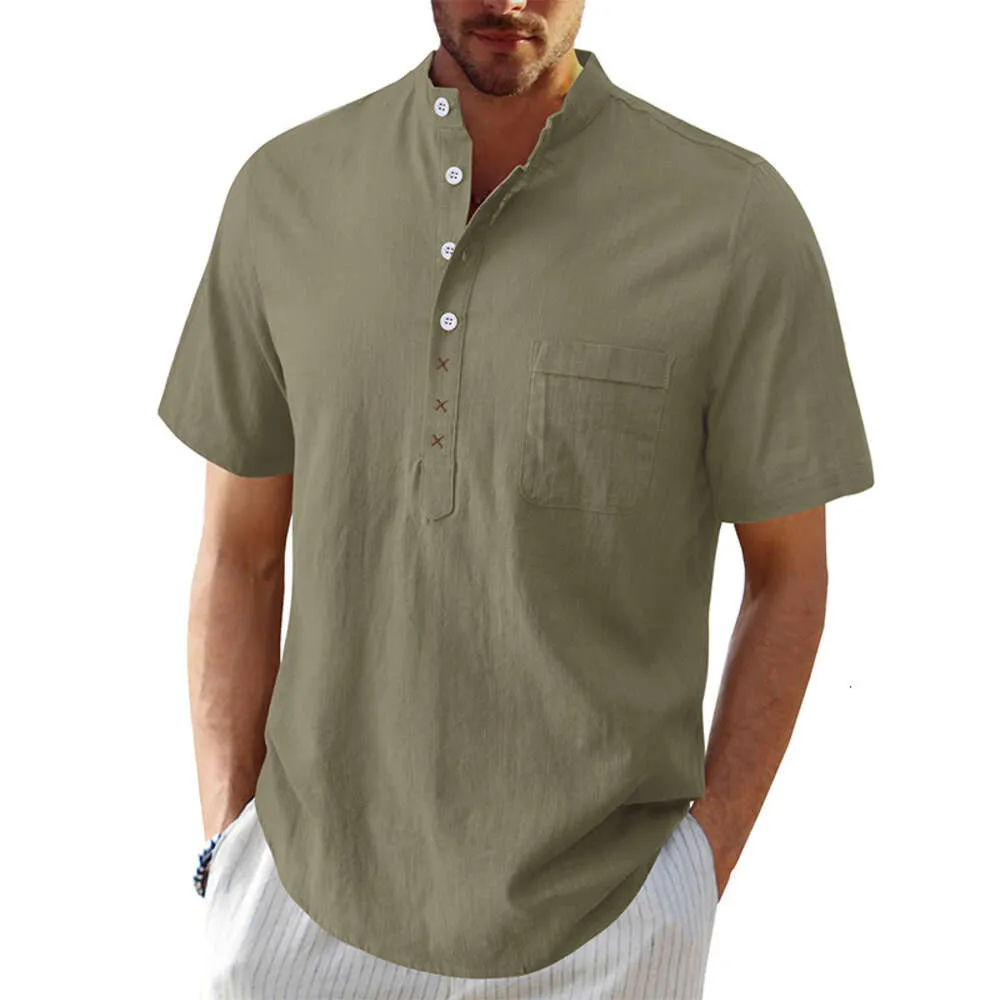 Erkekler Hawaii Kısa Kollu Plaj Gömlek Henry Gömlek Erkekler Pamuk Keten Gömlek