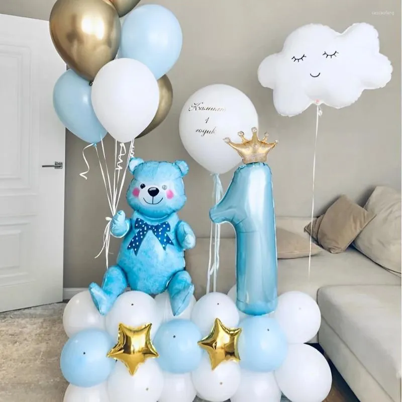 Dekoracja imprezy 45pcs Korona numer 1 Balon Blue Assemble Bear Balloony Zestaw Baby Boy 1st Pierwsze urodziny Globos Dekoracje