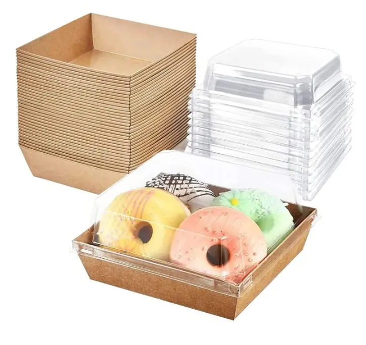 Transparent Kraft Paper Box Picnic Sandwich Wrapping Boxes With Plastic Clear Lids Cake Bread Snack Bakery Food Packing