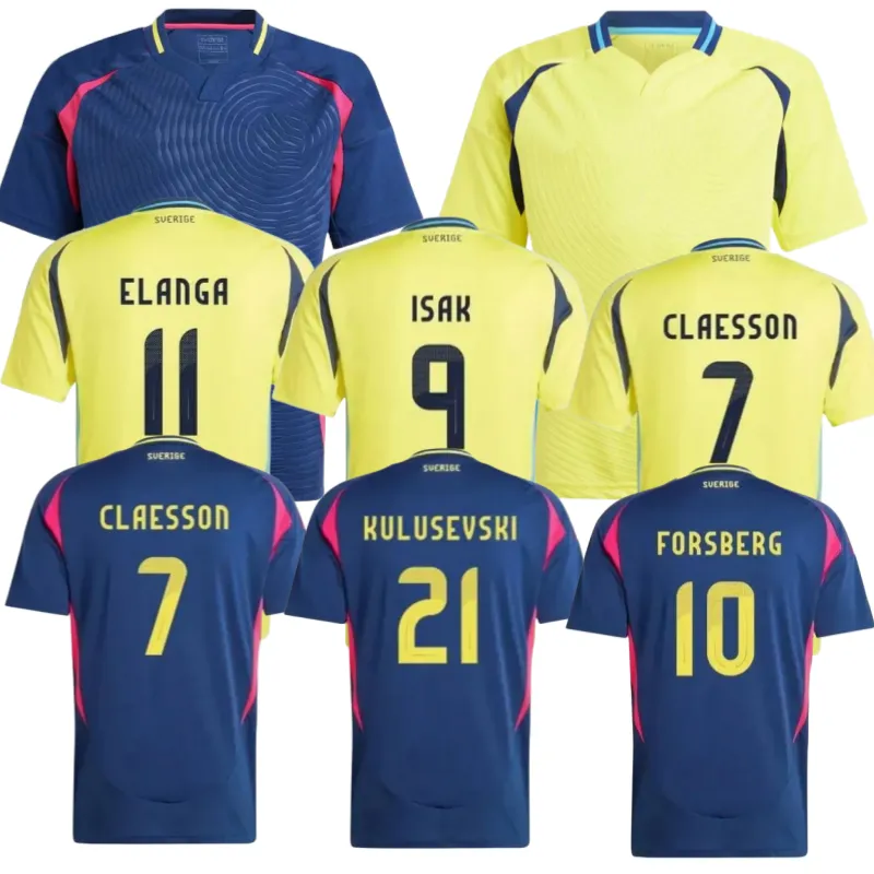 2024 Suède Larsson Mens Soccer Jerseys Team National Retro Dahlin Brolin Ingesson Home Yellow Away Blue Adult Football Shirts Uniforms Kid Kit