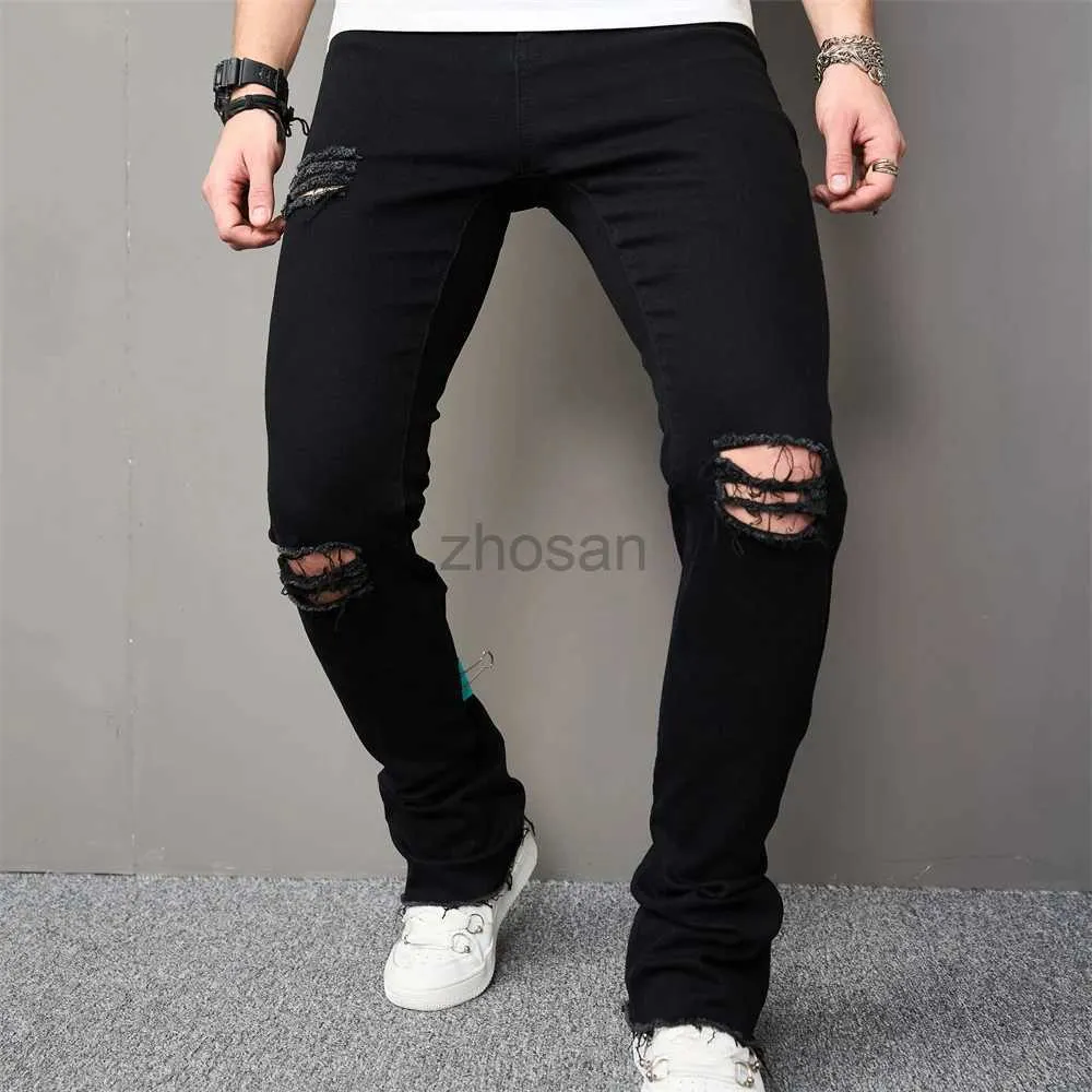 Herren Jeans für Männer zerrissener, schlanker männlicher Denimhosen Biker Stilvolle Löcher Solid joggen lässige Flare Jean Hosen D240417