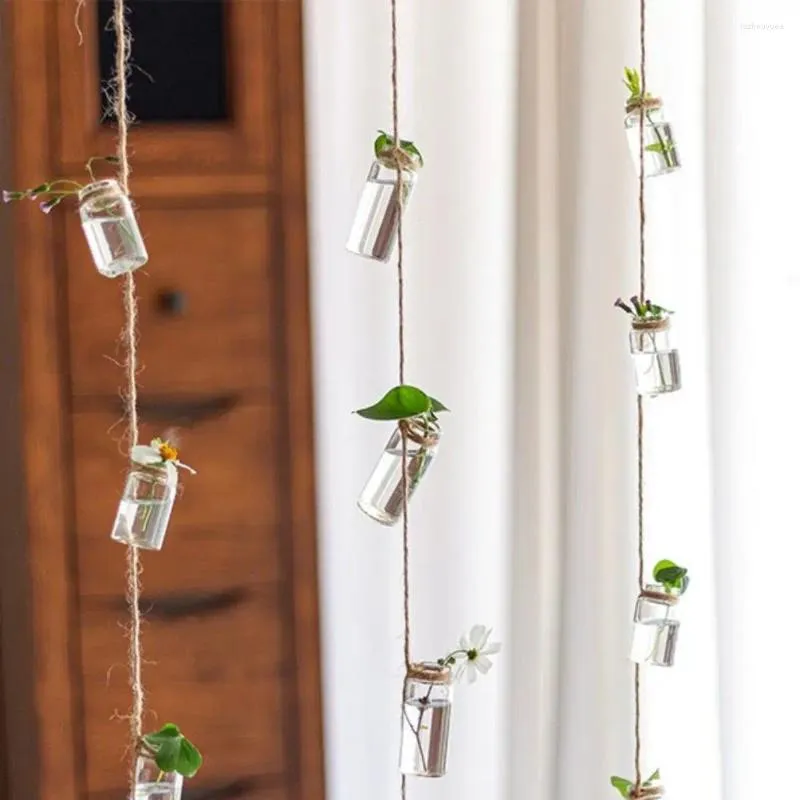 Вазы стеклянный ваза 1 струны, висящие с 8 мини -бутылками ветра, стиль, нордический домашний декор цветочный растение Гидропонное контейнер