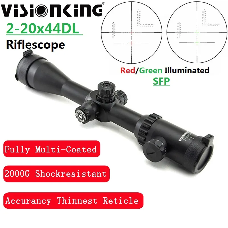 VisionKing 2-20x44 Sniper Riflescope Mil-Dot verlichte zijfocus Torentje Lock Lange Bereik 30 mm Buisjacht Traject Traject Optisch zicht .308 .50