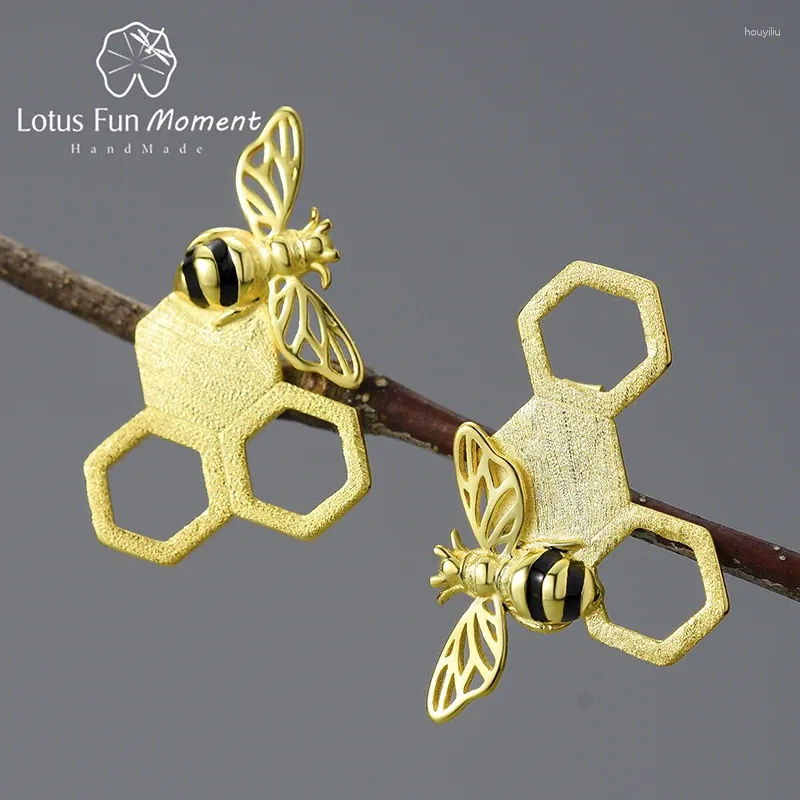 Stud Earrings Lotus Fun Moment 18K Gold Unusual Asymmetrical Honeycomb And Bee For Women Real 925 Sterling Silver Jewelry