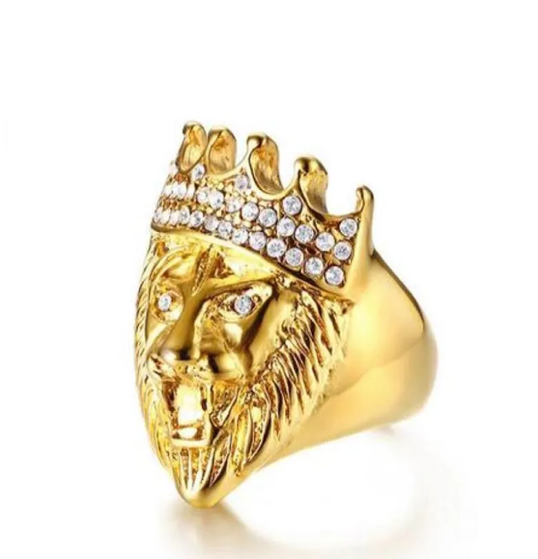 Men039s Hip Hop Gold Tone Roaring King Lion Head und Crown CZ Ring für Männer Rock Edelstahl Pinky Ringe Männlicher Schmuck 72340687999869