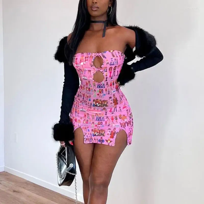 2024 Arrival Fuchsia Tube pink sparkly dress with Side Slit and Hollow Print - Perfect for Nightclubs and Summer Events