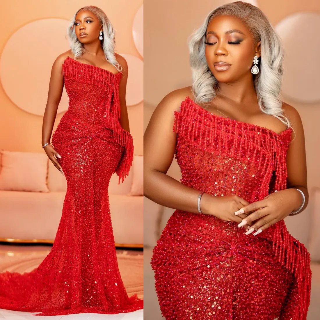 2024 Plus Size Red Prom -jurken voor zwarte vrouwen avondjurken Elegante beloningen lovertjes Lace Beading Tassel Verjaardagsfeestjurk Tweede receptie Tjurns AM715