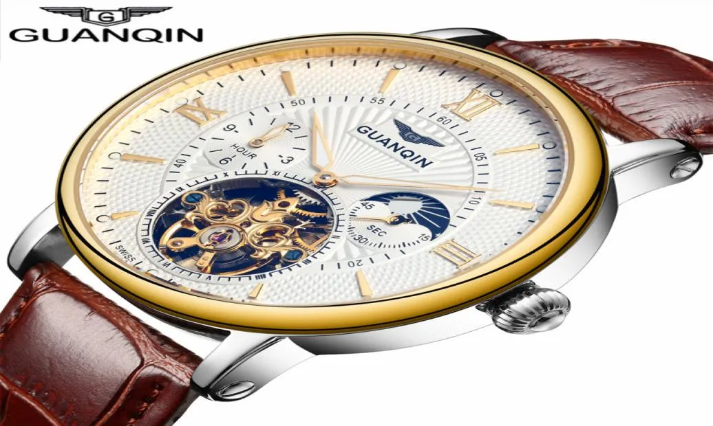 2018 Fashion Guanqin Mens Watches Top Brand Luxury Skeleton Watch Men Sport Leather Tourbillon Automatic Mechanical Wristwatch5801602