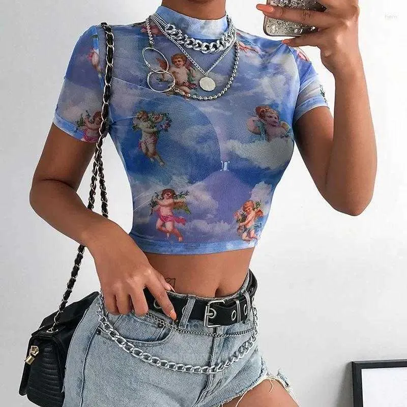 Womens T Shirts Women Cupid Angel Print Mesh Crop Tops Blue Turtleneck Short Sleeve Summer Shirt Woman Slim Body Casual Plus Size Top