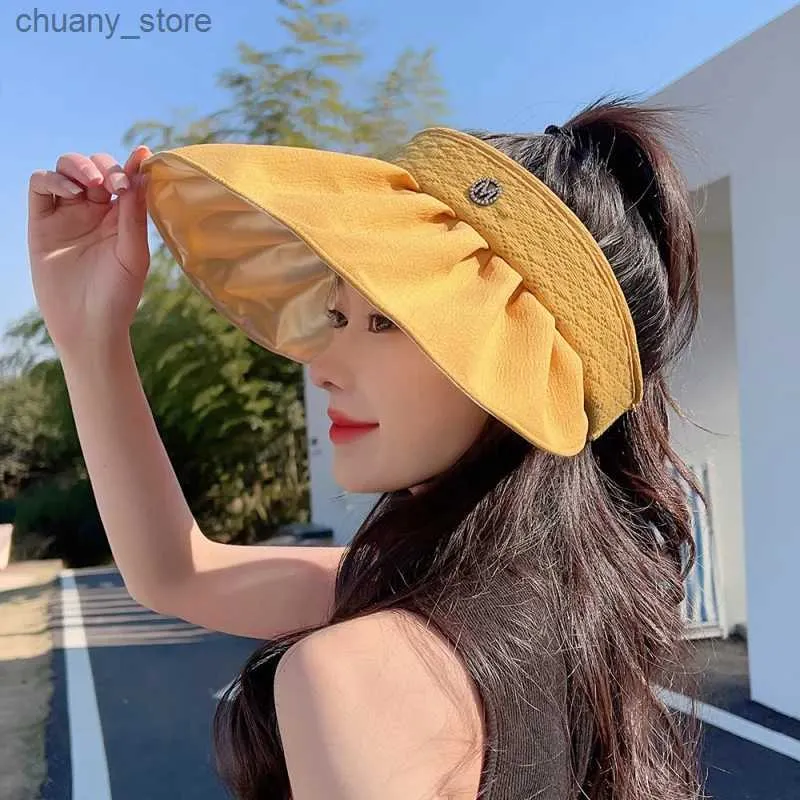 Visors Topless Hat Womens Summer Vinyl UV Protection Shell-like Bonnet Travel Vacation Face Cover Sun Hat Headband Ponytail Y240417