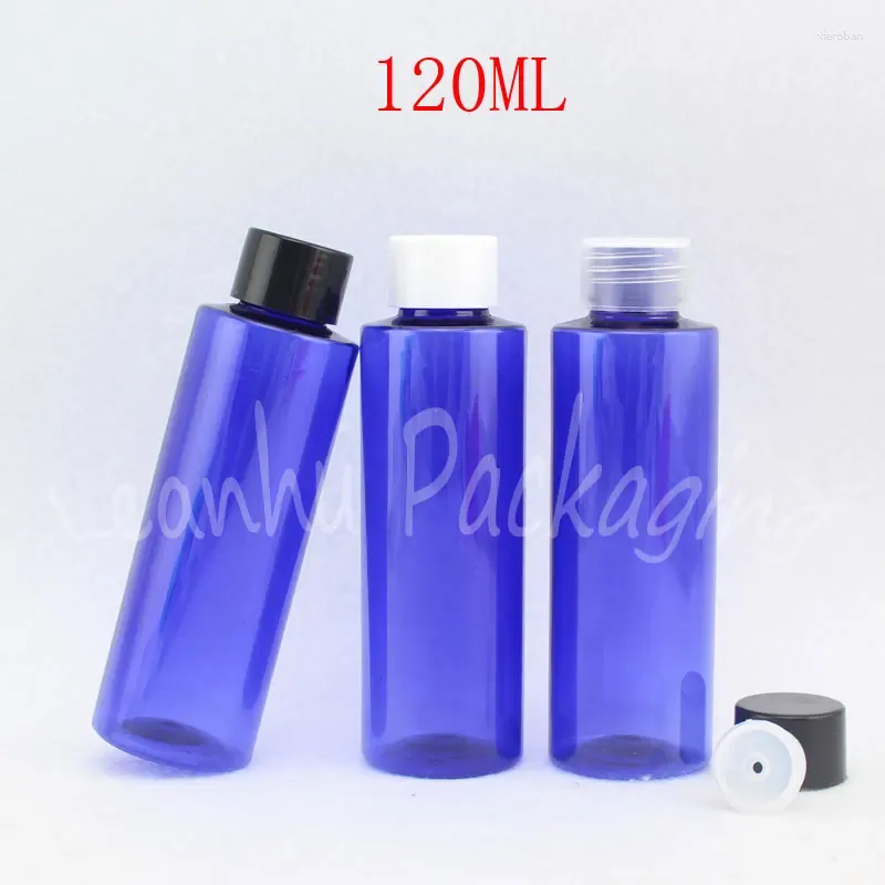 Bottiglie di stoccaggio 120 ml blu flacone di plastica a spalla piatta da 120 cc shampoo / lozione toner sub-bottling contenitore cosmetico vuoto (50 p / lotto)