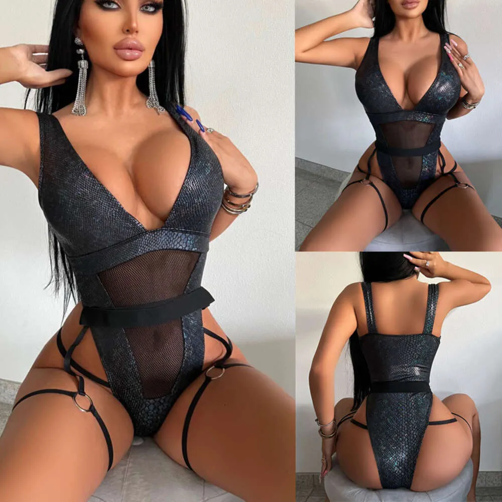 New Deep V Sexy Bodysuit com painéis de malha dourada para biquíni feminino