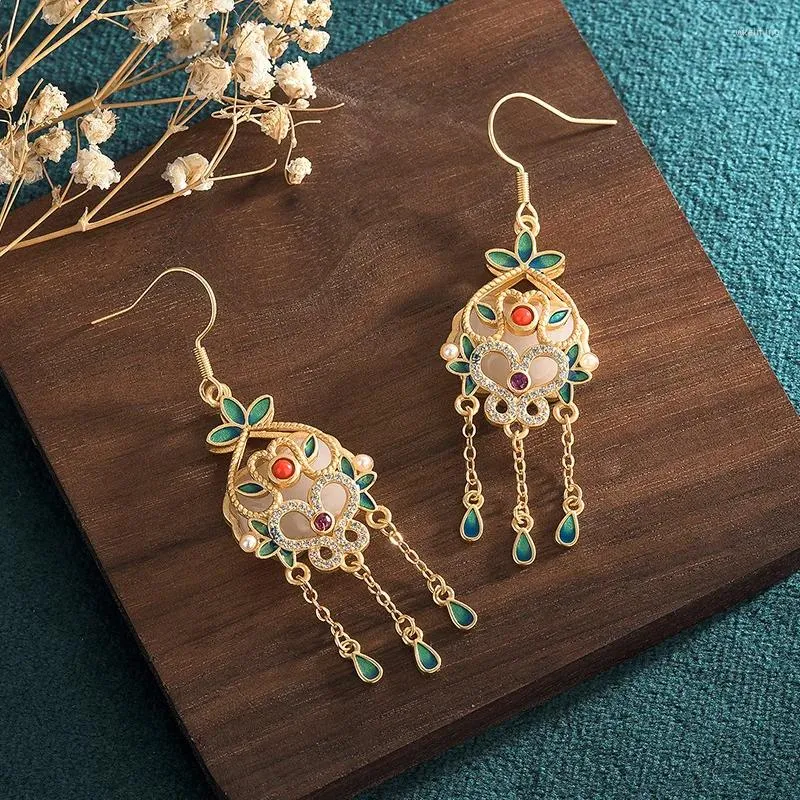 Dangle Earrings Women's 925 Sterling Silver Year Court Retro Ethnic Style Enamel Craft Inlaid Imitation Hetian Jade Vintage Tassel