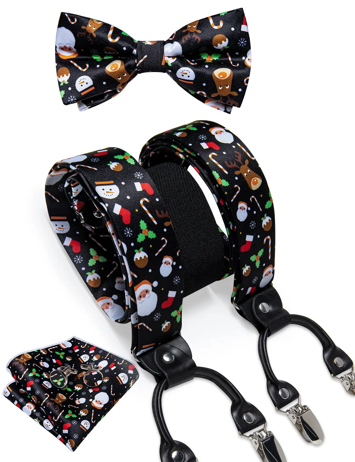 Kerstmens Elastische Suspenders Verstelbare zwarte bowtie manchetknopen Set Tree Santa Y Achterbeugels Brede Strap Metal Clip 240401