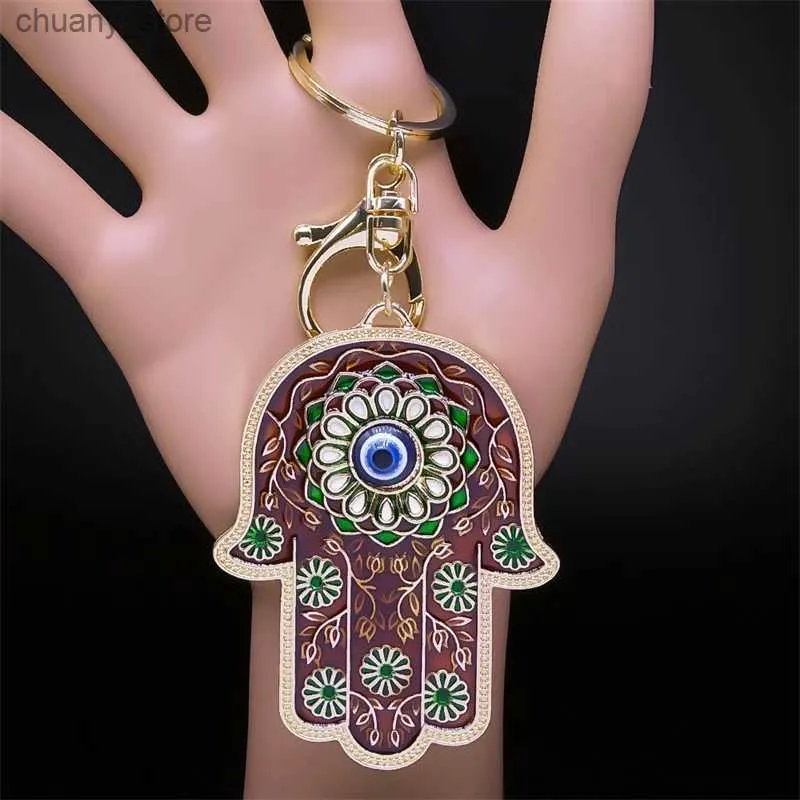 Keychains Lanyards Islam Hand of Fatima Turky Blue Eyes Keychain Lucky Eye Hamsa Hands Flower Keyring Pendant Men Women Jewelry chaveiro para carro Y240417