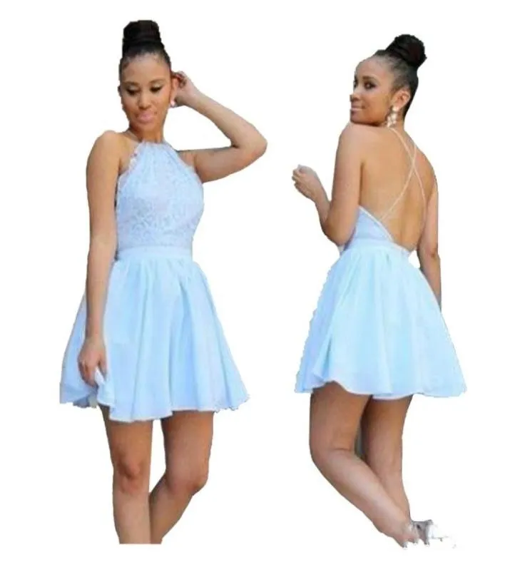 2019 Light Blue Homecoming Dresses Hallter Short Criss Cross Straps Cocktail Gowns Simple Backless Party Dresses4366998