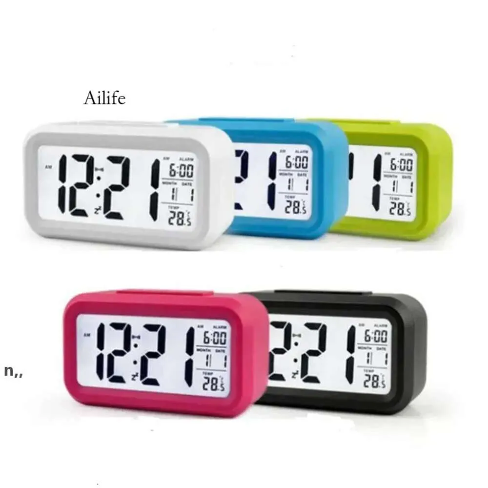 ANCHE MUTE PLASTICA Mute Clock LCD Smart Temperation Smart Cute Photosensitive Digital Digital Americs Calendario Snooze Nightlight 0417