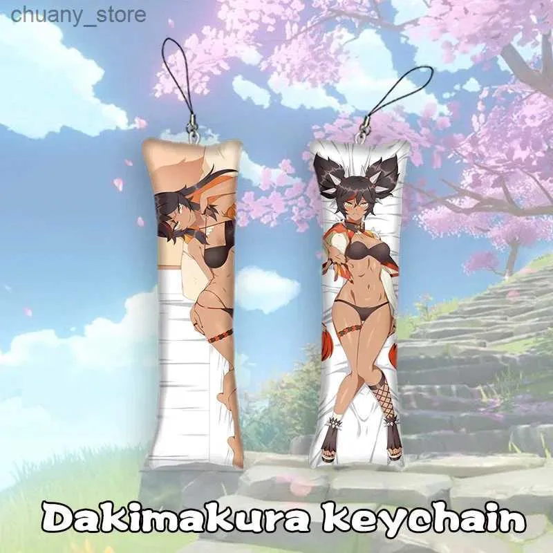Keychains Lanyards 4x12cmgenshin Impact Xinyan Mini Dakimakura Keychain dubbelsidig anime Body Pendant Game Cartoon ANIME KEY CHEAT Gifts Y240417
