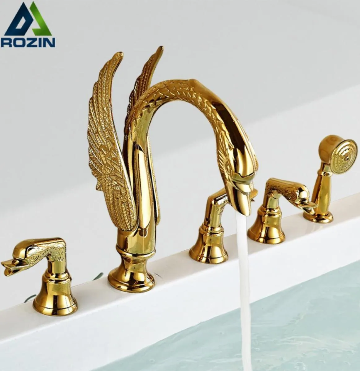 Gouden Swan Bathtub kraan Gemonteerd bad Douche Douchesset Brass Hand Douche Basin Mixer Tap Wijdverbreide Tub gootsteen kraan8485922