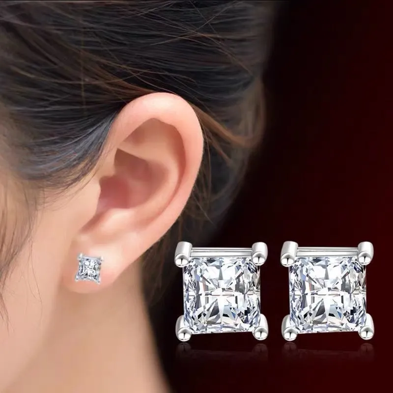 Enkel 100% 925 Sterling Silver Square Stud örhänge Diamond CZ Stone Engagement Wedding Earrings for Women Bridal Party SMYCKE