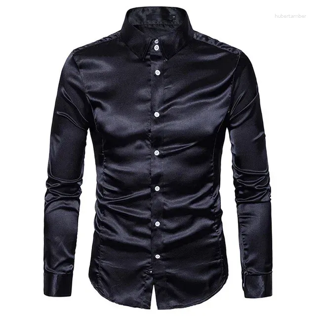 Herrenhemdhemden Seidenhemd Langarm Lupe Lappel Single Breasted Black Gold Satin Casual Slim Fit Social Formal Man Kleidung