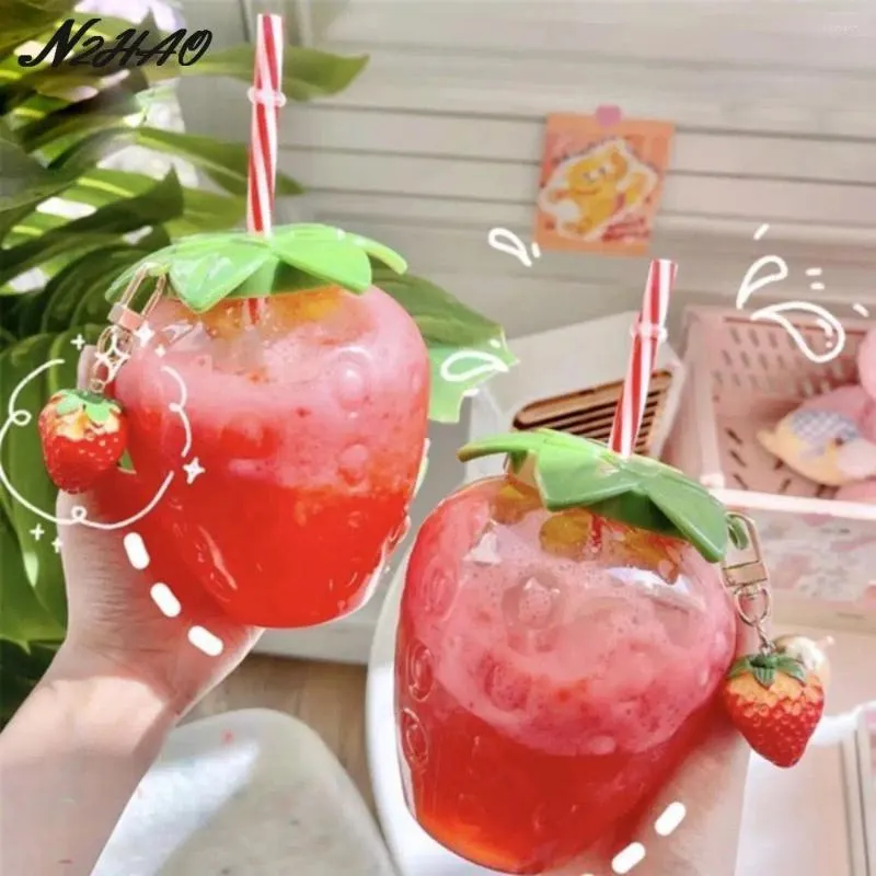 Water Bottles Creative Strawberry Pineapple Straw Cup Plastic Female Portable Milk Tea Student 500ML Bottle