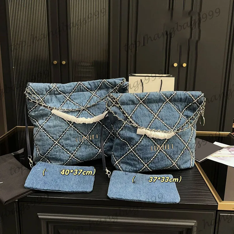 Luxury Blue Denim Embroidery Quitled Jumbo Maxi 22 Shopping Shoulder Bags Large Capacity Purse With Wallet Pouch Silver Chain Underarm Purse 37x33cm 40x37cm