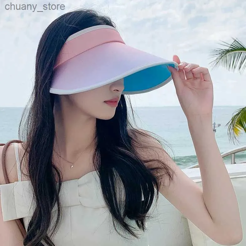 Visors Summer Gradient UV Protection Empty Top Hat For Women Female Wide Brim Foldable Sun Visors Bucket Cap Outdoor Travel Beach Hats Y240417