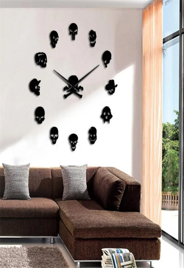 Czaszki bezramkowe DIY Duży zegar ścienny Morden da Parete kwarc zegar wnętrze 3D lustra zegarki do salonu wystrój domu Wandklok y207518248