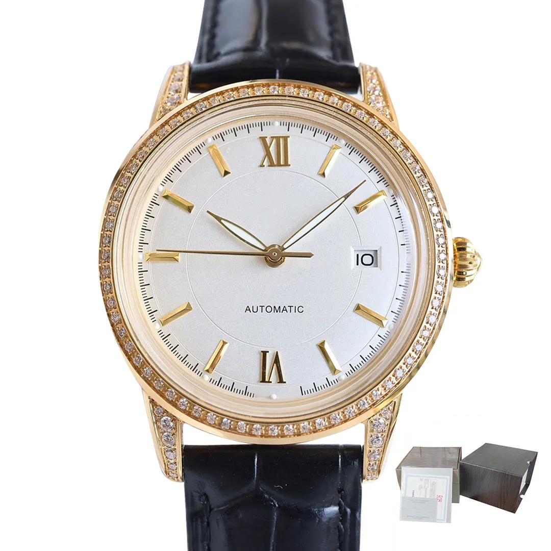 Reloj de alta calidad Reloj de lujo 40 mm Reloj automático de hombres 9015 Caja de oro de diamante de movimiento automático con cajas de relojes automáticos de oro de cuero blanco