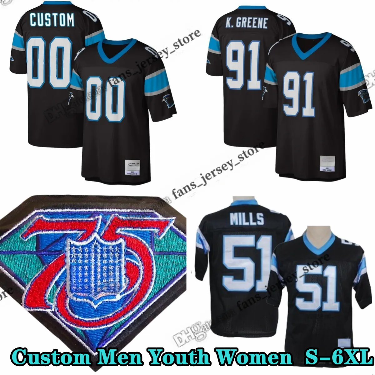 Custom 75th Vintage 51 Sam Mills 1996 Football Jersey 91 Kevin Greene 11 Robby Anderson 10 Curtis Samuel 5 Teddy Bridgewater 54 Shaq Thompson 76 Russell Okung Burns