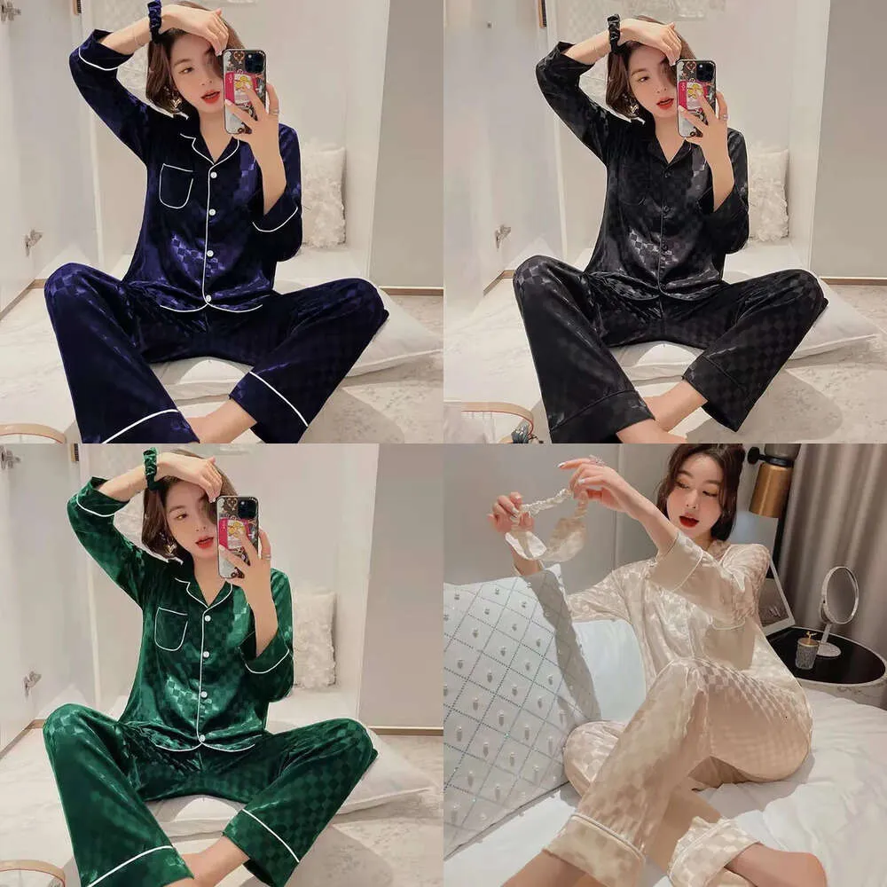 Song July's 4 Pieces Stain Pants Silk Woman Pamas Set Spring Summer Sleepwear Jacquard Long Sleeves Women's Home Clothes