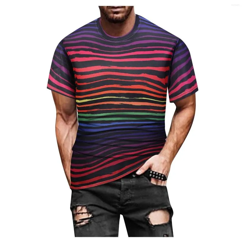 メンズTシャツストライプ半袖シャツ男性オールマッチファッションサマーストリートヒットカラフルなストライプカジュアルクールトップ