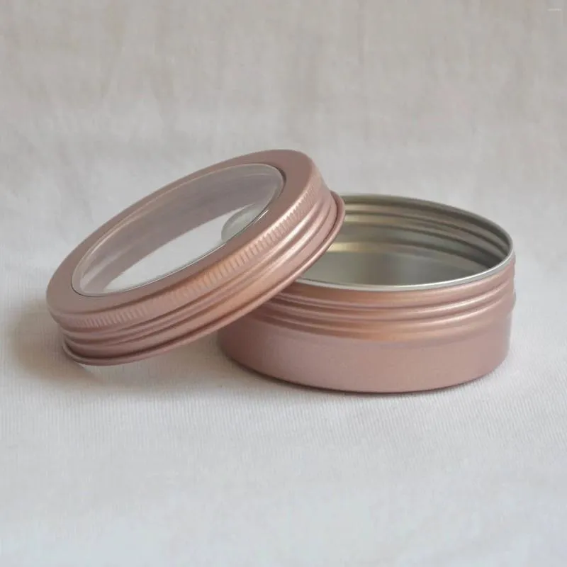 Butelki do przechowywania 50pcs 60 g 2 unz Rose Gold Pusta pusta aluminiowa słoiki 60 ml przezroczyste okno kosmetyczne metalowe pojemniki na świecy do garnka 100 ml paznokcie