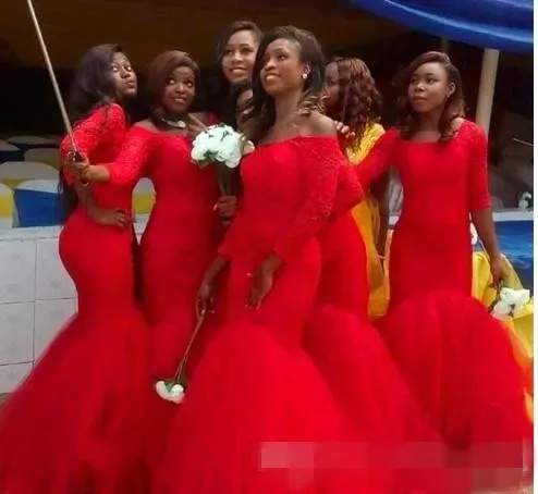 Czerwona sukienki druhna Surk Szyja Południowoafrykański Plus w rozmiarze 3/4 długie rękawy koronkowe aplikacje syrena Maid of Honor suknia na zamówienie