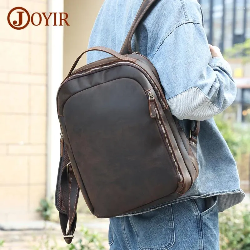 Sac à dos joyir fashion folle horse authentine cuir halpacks backpacks affaires masculines voyage rétro 15,6 "ordinateur portable sac à école décontractée