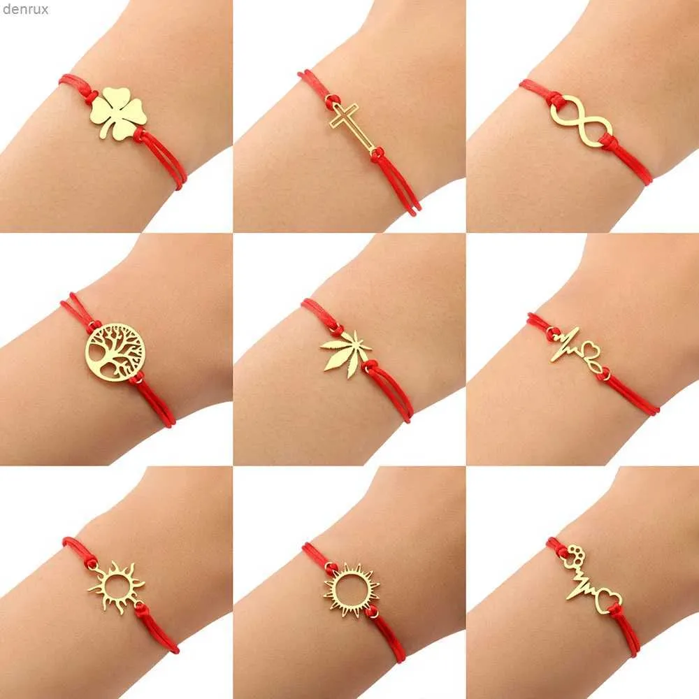 Bransolety Bangle Stain Stael Handul Black Red Rope Ręcznie wykonane mody Clover Cartoon Cross Cross Summer Charm Bransoletka dla kobiet Jewelryl240417