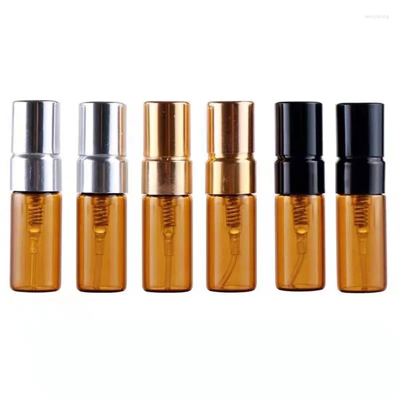 Garrafas de armazenamento 50pcs mini -vidro de vidro amostra garrafa de spray preto de ouro, bomba de spray em marrom vazio, frascos de reabastecimento de cosméticos de 2ml 3ml 5ml 10ml