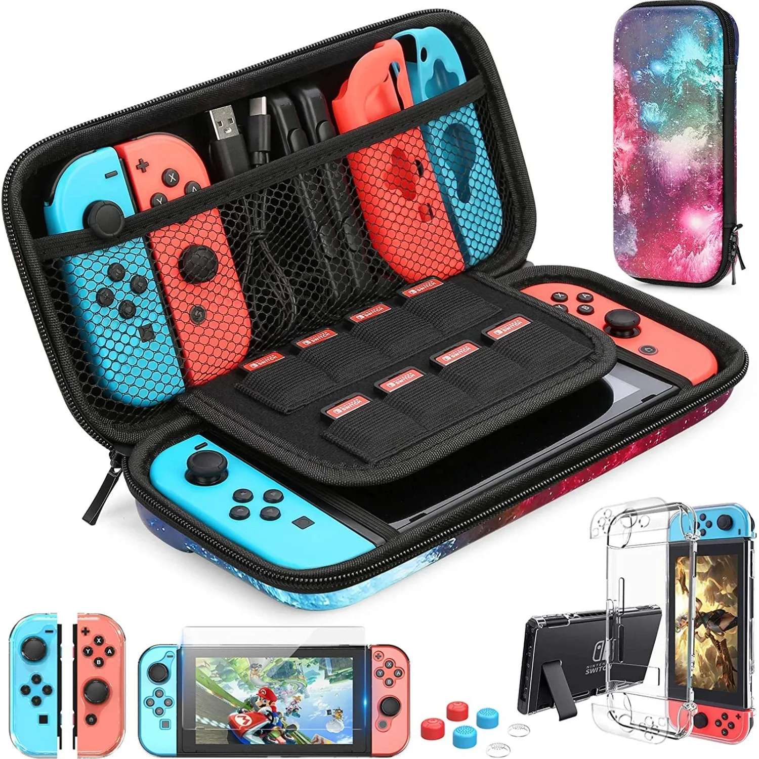 Cas de cas de commutateur Compatible avec Nintendo Switch, 9 sur 1 kit d'accessoires avec boîtier de transport, boîtier de protection à caisse