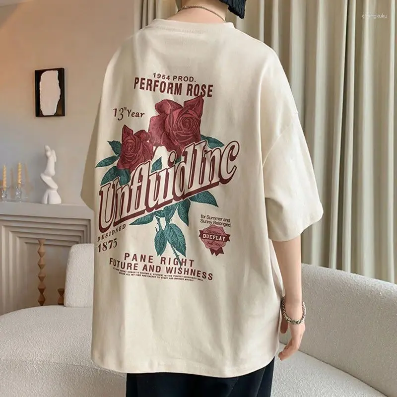 Men's T Shirts Hip Hop Men And Women Retro Rose Print Short Sleeved American Summer Loose Personality Couple Casual T-shirt Top Harajuku Y2k