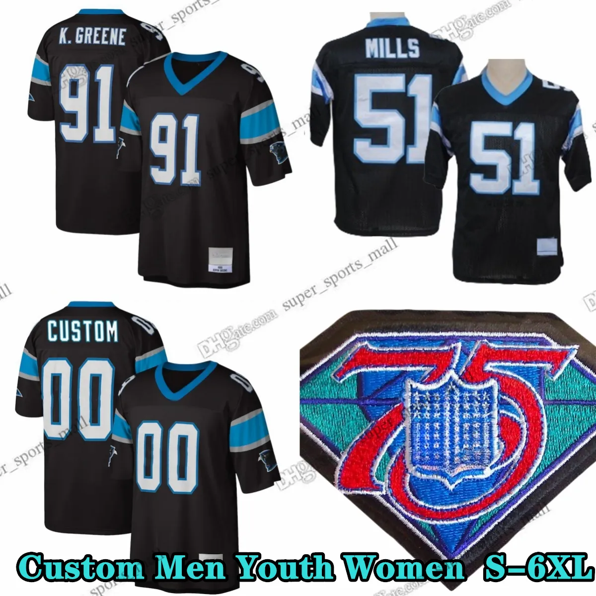 Custom 75th Vintage 91 Kevin Greene 1996 Koszulki piłkarskie 51 Sam Mills 10 Curtis Samuel 5 Teddy Bridgewater 54 Shaq Thompson 76 Russell Okung 11 Robby Anderson Chinn