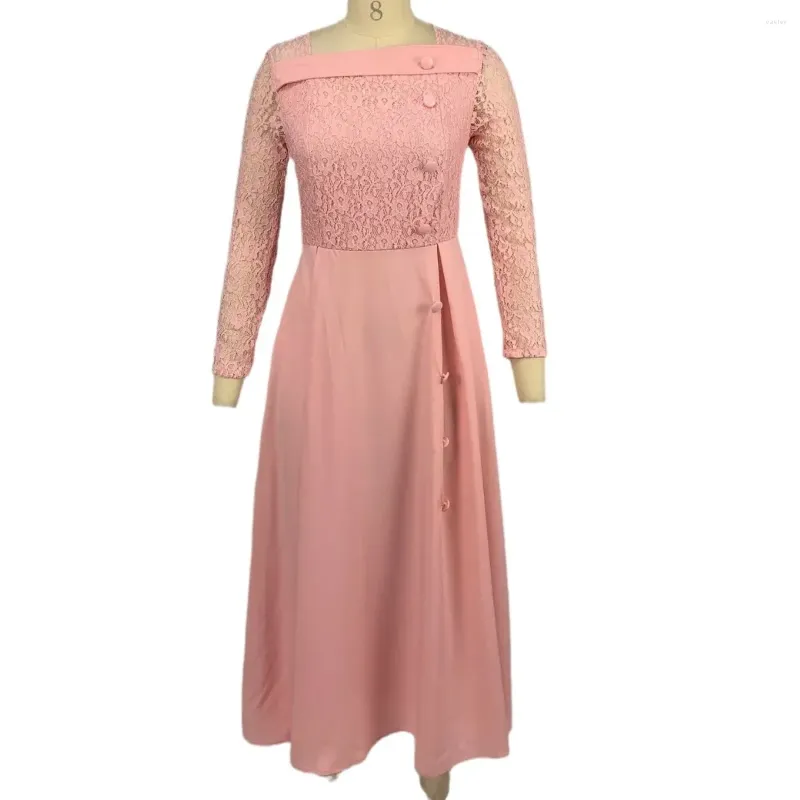 Vestidos casuais maxi vestido feminino moda redonda pescoço renda renda de cintura alta manga longa impressa comprimento médio formal para mulheres