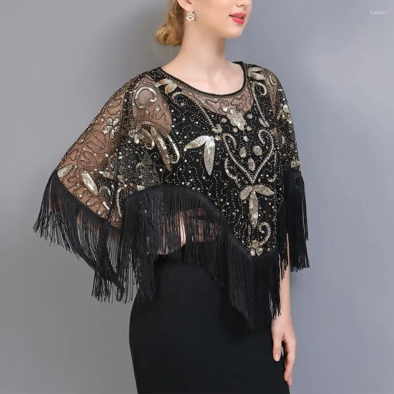 Etnisk kläder Evening Cape Women Shawl Party Bröllopstillfället 1920 -talet Art Deco Pärled Sheer Bridal Tassels täcker fri storlek lång