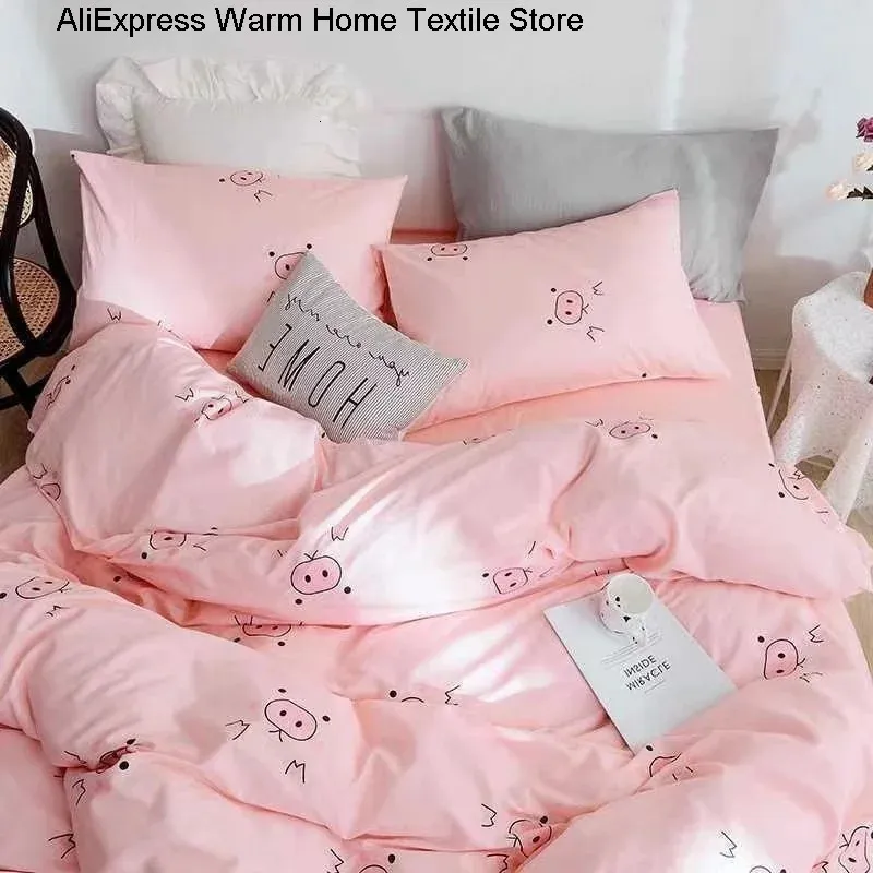 Cartoon Pink Cute Pig Bedding Set Twin Full Queen Size Chessboard Quilt Covers Kawaii Sheet Pillowcase Bedroom Bed Linen 240417