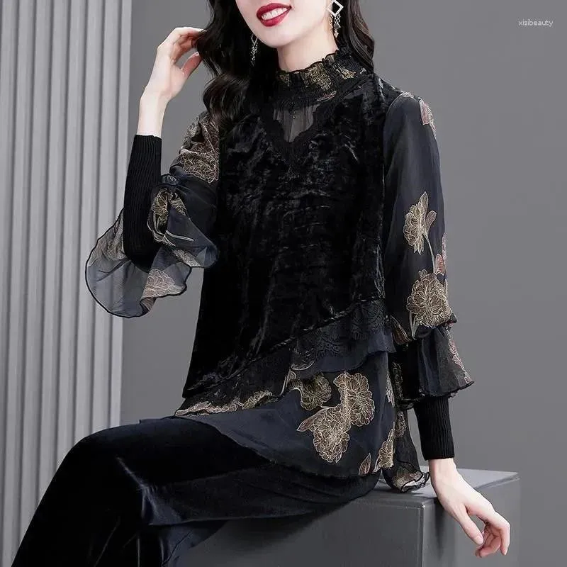 T-shirts T-shirts pour femmes en velours de soie haut de gamme Femmes Ashion Lace Splicing Middle Mother Introversion Primper noir d'automne au printemps